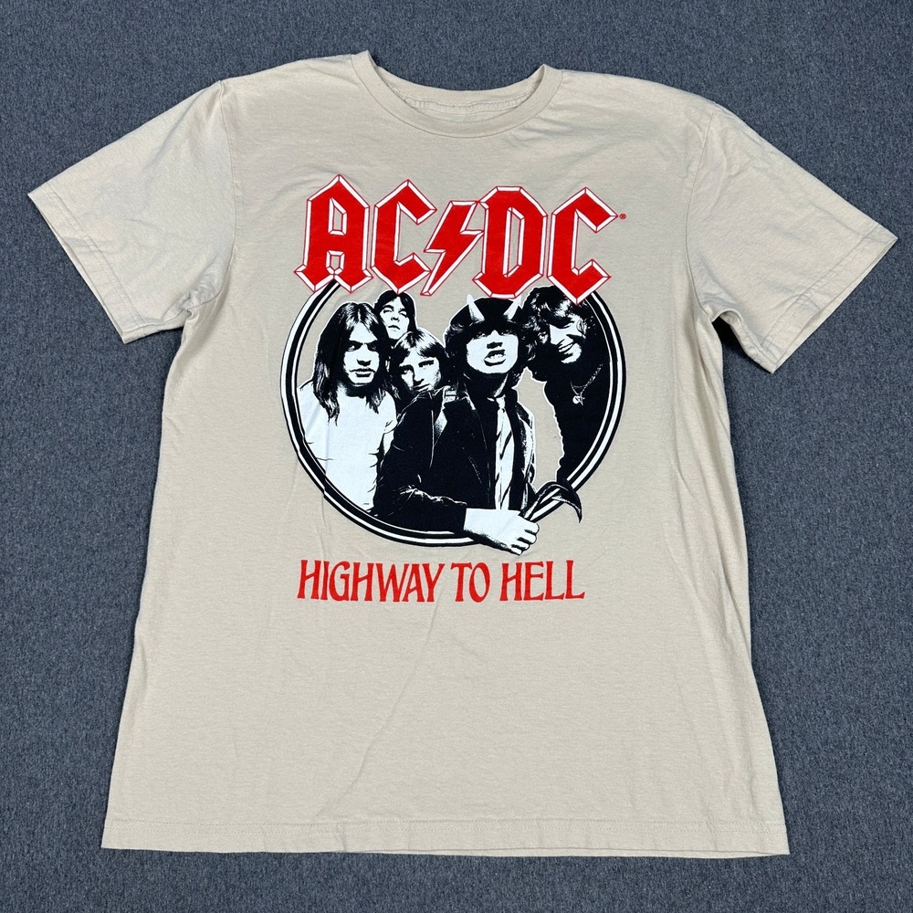 AC/DC Highway To Hell T-Shirt Mens M Tan Band Tee Rock Graphic Short Sleeve